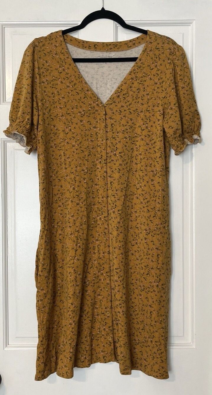 Garnet Hill Dress Medium Solarium Puff Sleeve Floral Pockets Stretch Cottagecore